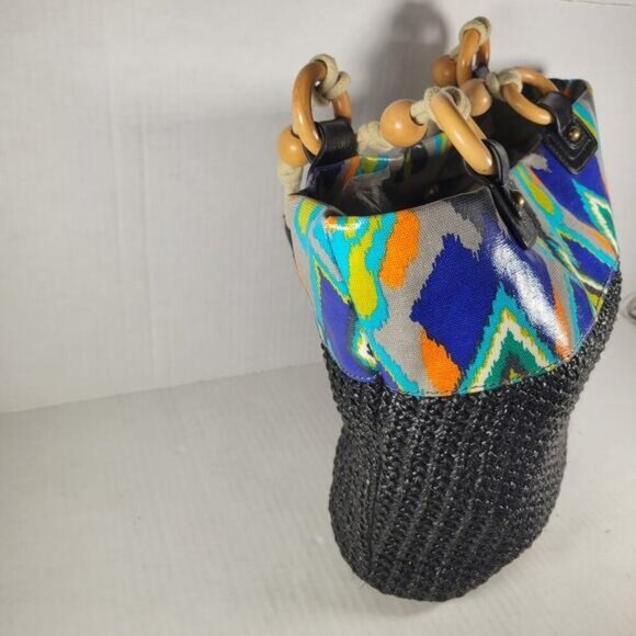 Plum Brand Multicolored Fabric Southwestern Wood Accent Woven Shoulder Handbag - Picture 8 of 12